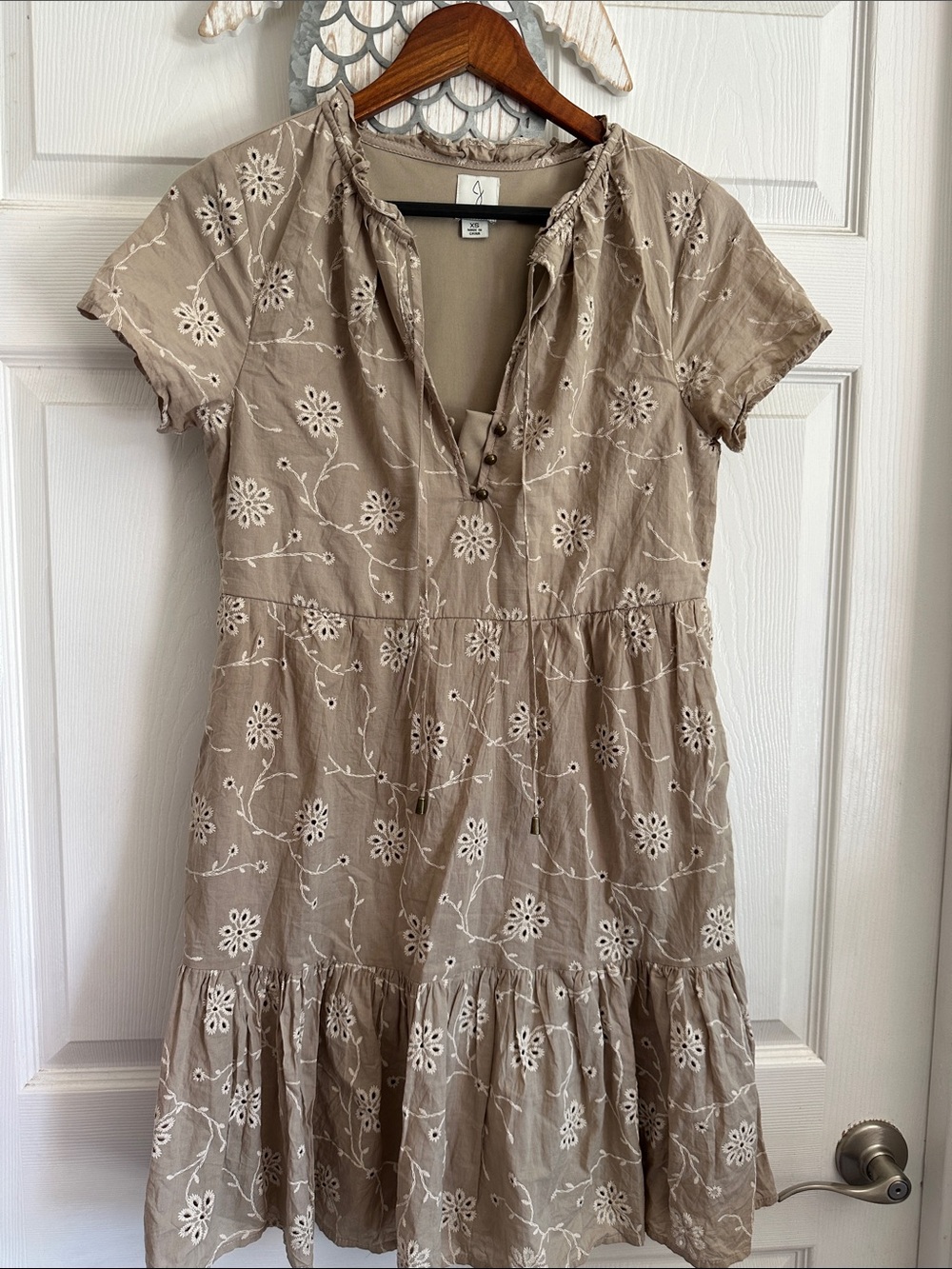 Joie Taupe Mini Dress with White Floral Embroidery XS